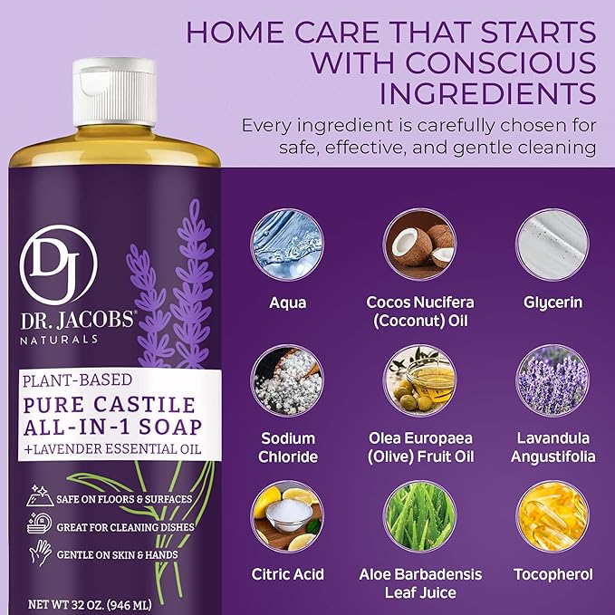 Dr. Jacobs Naturals Lavender Castile All-in-One Cleaner and Soap - Plant-Based Formula for House Cleaning Floors and Appliances - Gentle on Skin and the Planet - 32 oz, 1 Pack