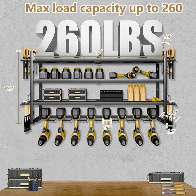 Power Tool organizer, 4 Layer Heavy Duty Metal tool Organizer Loads 260lbs, Garage Wall Organizer 8 Cordless Drill Holder, Wall mounted Tool Organizer for Garage Workshop - 33 Inch