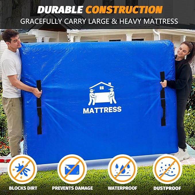 Mattress Bags for Moving, BETU Mattress Protector Waterproof Mattress Cover Full Size Storage Bags with 8 Heavy-Duty Handles and Zipper for Bed Extra Thick Large Reusable (77"x57"x15" Blue)