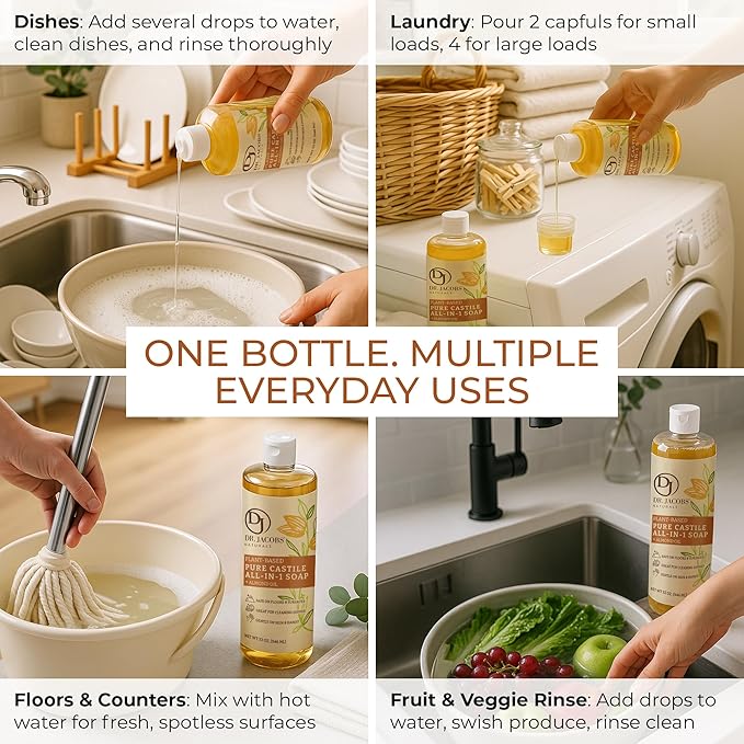 Dr. Jacobs Naturals Almond Castile All-in-One Cleaner and Soap - Plant-Based Formula for House Cleaning Floors and Appliances - Gentle on Skin and the Planet - 32 oz, 1 Pack