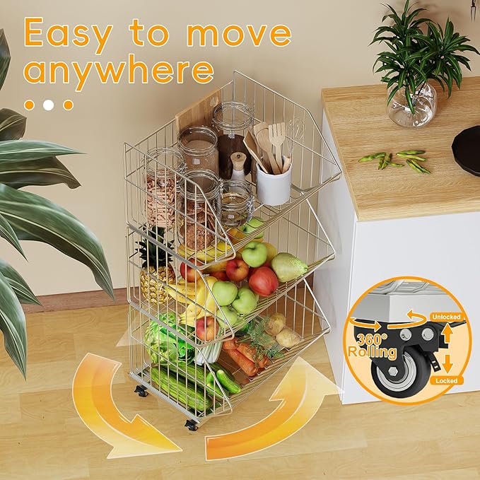 Standing Metal Shelving Unit, Wire Storage Basket with Wheels, Folding Shoe Racks, Clothing Sweaters Shoes Handbags Organizer for Kitchen Garage Pantry Porch (4-Tier with Base)