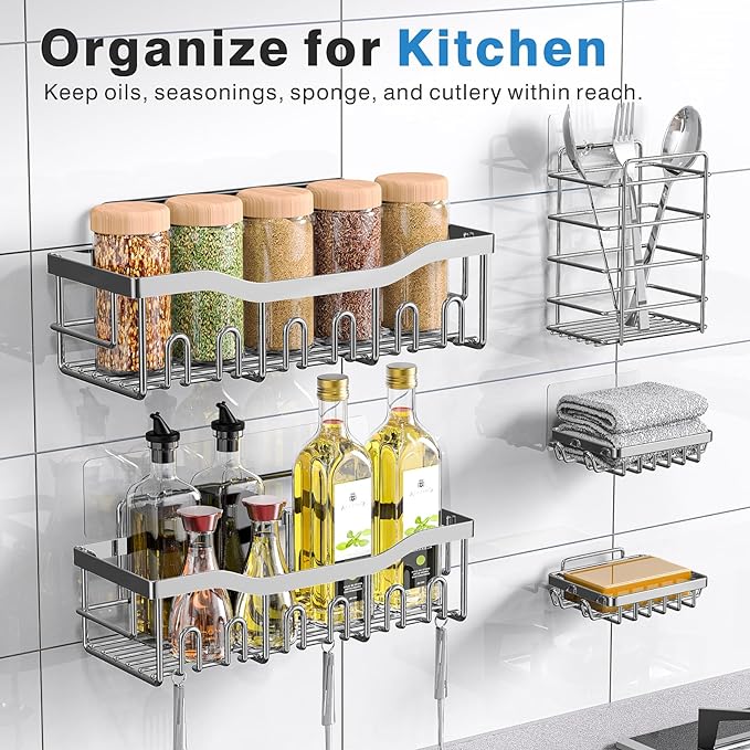 5-Pack Rustproof Stainless Steel Shower Caddy – No Drill Adhesive Bathroom Organizer with Large Capacity, Spacious Shower Shelves for Inside Shower, Kitchen & Home Decor Storage-XL Size