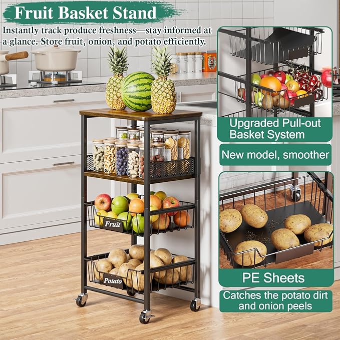 4-Tier Small Kitchen Storage Cart on Wheels, Rolling Pantry and Snack Organizer Cart with Pull-Out Baskets & Wood Top, Utility Kitchen Fruit Basket Stand for Fruit Potato Onion Vegetable Snack