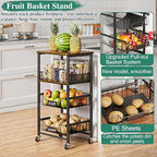 4-Tier Small Kitchen Storage Cart on Wheels, Rolling Pantry and Snack Organizer Cart with Pull-Out Baskets & Wood Top, Utility Kitchen Fruit Basket Stand for Fruit Potato Onion Vegetable Snack