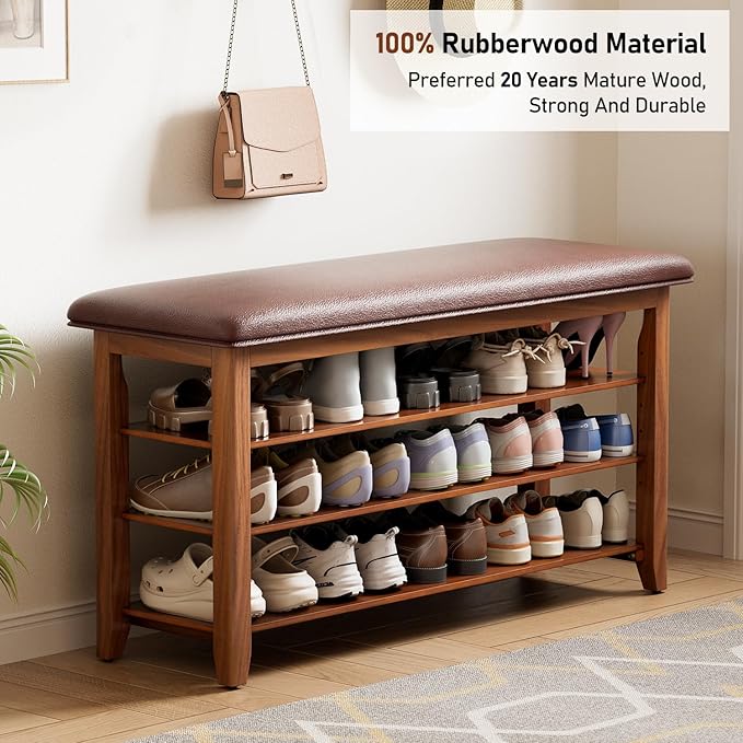 39.4“Entryway Shoe Storage Bench with Leather Cushion, Farmhouse Wooden Shoe Rack Bench with 3 Tire Under Bench Shoe Storage, Adjustable Shelf and Seating, for Hallway, Front door, Outdoor