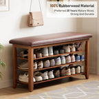 39.4“Entryway Shoe Storage Bench with Leather Cushion, Farmhouse Wooden Shoe Rack Bench with 3 Tire Under Bench Shoe Storage, Adjustable Shelf and Seating, for Hallway, Front door, Outdoor