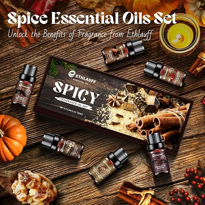 Fall Essential Oils Set, Pumpkin Spice, Frankincense & Myrrh, Cinnamon Sugar, Fall Scented Oil for Candle, Soap Making, Essential Oils for Diffuser Home 6 * 10 ml