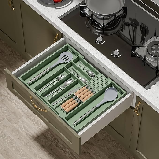 Bamboo-Silverware-Drawer-Organizer-Kitchen, Expandable Utensil Holder Cutlery Tray Flatware Organization Adjustable Wood Tableware Dividers Storage (with Removable Knife Block)(Grayish Green)