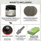 MB-20 Granite Polishing Kit Professional Grade Stone Restoration Bundle Includes 8.5oz Polishing Cream, 2x Hogs Hair Pads, Backing Plate with Drill Adapter & 2x Microfiber Towels