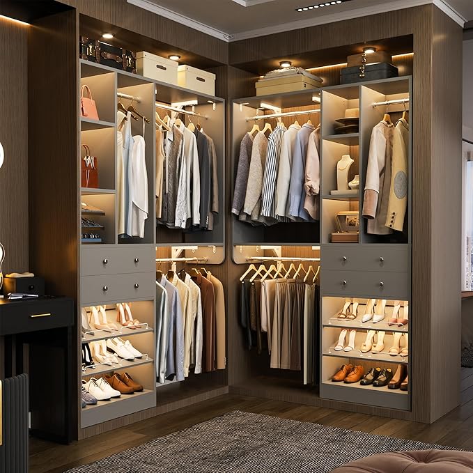 [10 FT Closet System] 120 Inch Reversible Set of 2 Wood Closet Organizer System with 4 Drawers, 6 Hanging Rods Adjustable Shelf, Shoe Rack, Morandi Grey