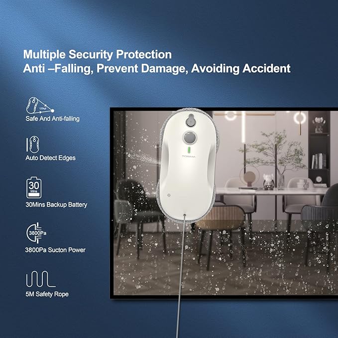 Tosima W3 Window Cleaning Robot - Dual Direction Auto-Spray Smart Window Cleaner with Triple Safety System, Smart Navigation, Remote Control, for All Smooth Surfaces, with 12 Rags, White
