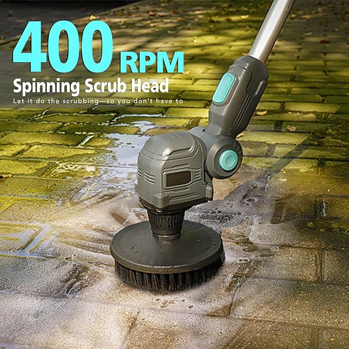 20V Outdoor Electric Brushless Spin Scrubber, Cordless Spin Scrubber with Replaceable Brush Heads and Battery, Power Cleaning Brush for Outdoor, Bathroom Stone, Tile Floor,Grout,Grooves