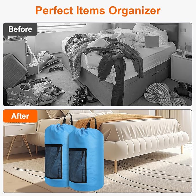 Femuar Laundry Bag Backpack Durable Laundry Bag with Shoulder Straps and Mesh Pockets Portable Laundry Dirty Clothes Hamper Bag for College Dorm (Blue)