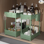 2 Pack Under Sink Organizer, Under Bathroom Cabinet Organizer with Hooks Hanging Cup, Multi-Purpose Storage Shelf for Kitchen Bathroom (Green, L)