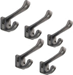Ambipolar 5 Pack Decorative Cast Iron Heavy Duty Double Hooks, Wall Mounted Coat Hooks, Vintage Inspired (Antique Black) (Modern Type)