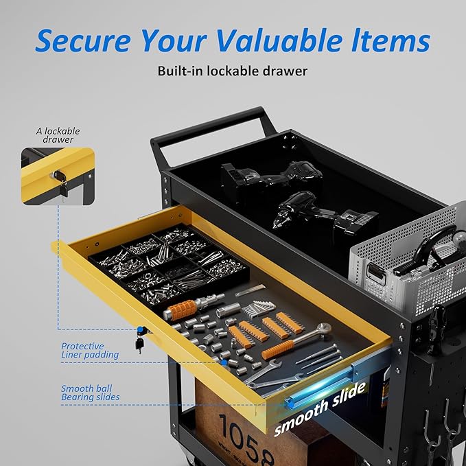 3 Tier Heavy Duty Rolling Tool Cart on Wheels with Drawer & Pegboard, 420Lbs Capacity Mobile Garage Storage Organizer Cart for Mechanics, Workshop