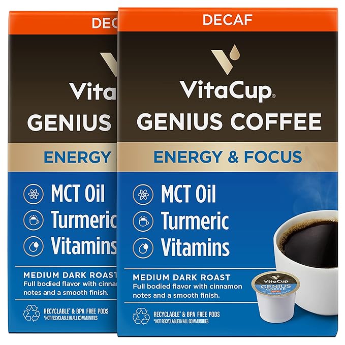 Decaf Genius Keto Coffee Pods with MCT Oil, Turmeric, and B Vitamins by VitaCup for Focus in Recyclable Single Serve Pod Compatible with K-Cup Brewers Including Keurig 2.0, 32 CT