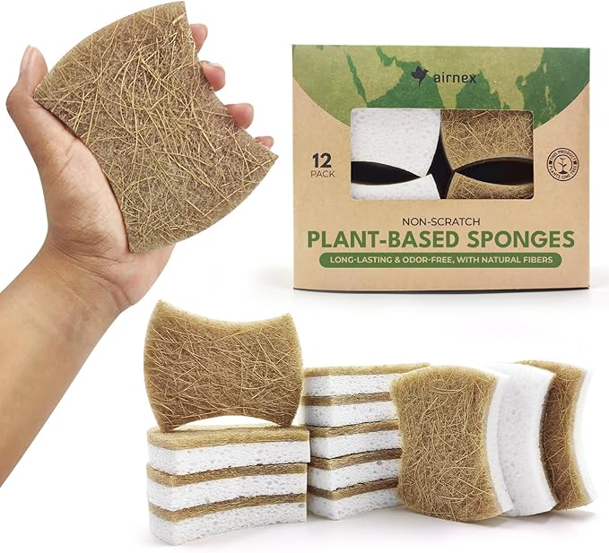 Biodegradable Natural Dish Sponges - Coconut and Cellulose - Eco Friendly Non-Scratch Heavy Duty Dish Scrubber - Pack of 12