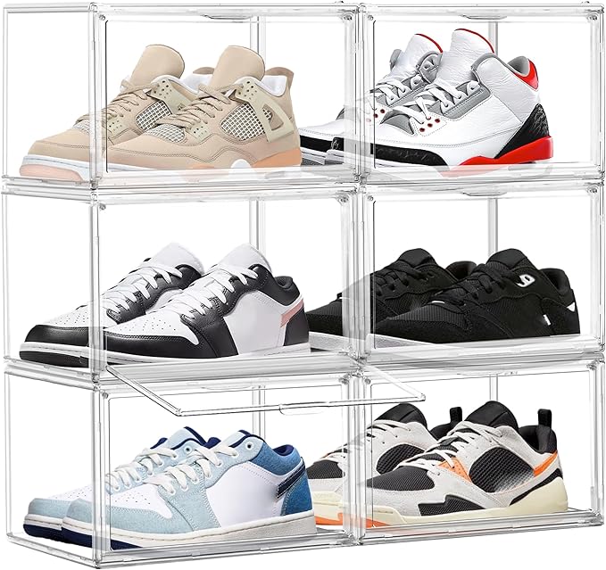 6 Pack Acrylic Clear Shoe Storage Box Stackable Large Sneakers Display Case with Magnetic Door Hat Boxes Shoe Organizer for Closet, Fit up to US Size 13