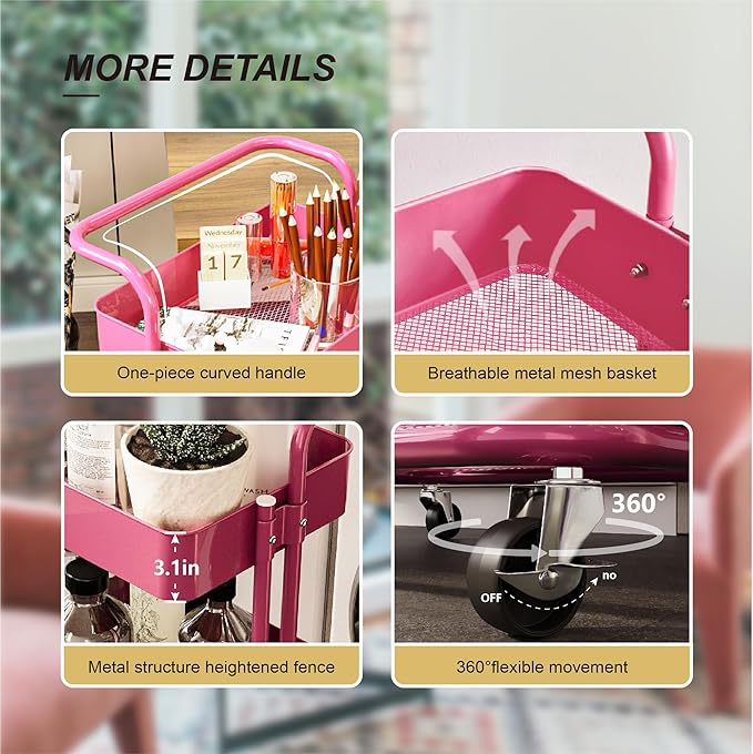 3-Tier Metal Rolling Cart with Wheels, Hot Pink Utility Storage Cart, Multifunctional Organizer Storage for Kitchen, Bedroom, Office, Laundry Room, Dorm Room Essentials (Rose red)
