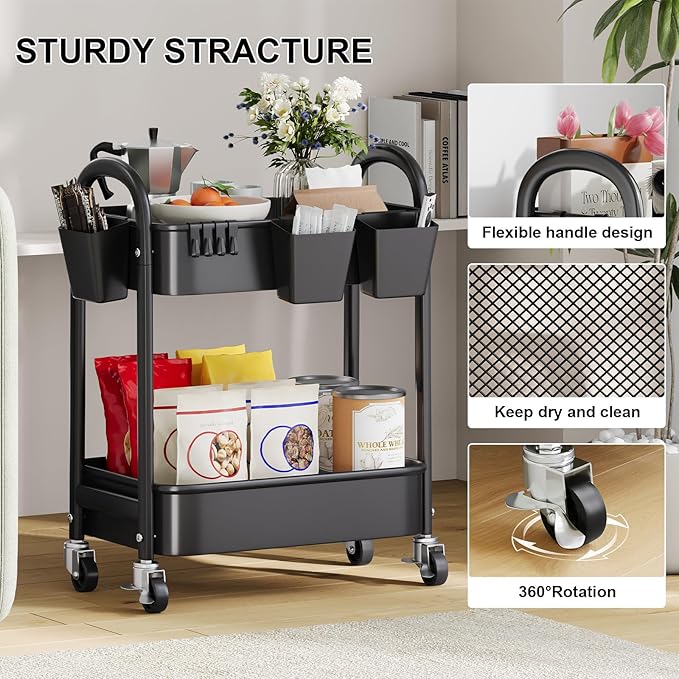 2 Tier Utility Rolling Cart, Storage Organizer Sofa Side Table with Wheels, Under Desk Mobile Trolley Organizer with Handle for Office Home Kitchen Organization, Black