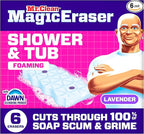 Mr. Clean Magic Eraser Sponge, Bathroom, Shower, Tub Cleaner, Soap Scum Remover, Bathroom Cleaning Supplies, Dawn Cleaning Power with Lavender Scent, Shower & Tub, 6ct