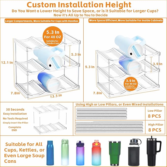 Yieach Larger Compartments Stackable Water Bottle Organizer for 40 oz Stanley Cup Holder,Yeti and Other Tumbler Organizer,3 Tier Wine Rack and Waterbottle Storage Rack for Kitchen Cabinets,Countertop