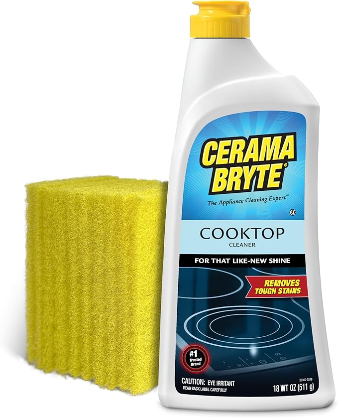 Cerama Bryte Glass Cooktop Cleaner Bundle with 10 Cleaning Pads for Removal of Tough Stains, Stovetop Cleaner for Glass - Ceramic Surfaces, 18 Ounces, 11 Piece