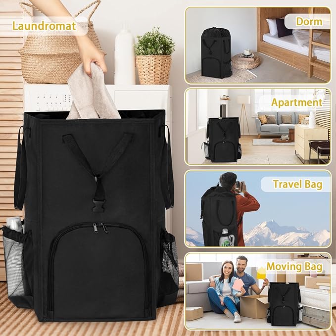 110L Backpack Laundry Bag, Laundry Backpack Heavy Duty with Shoulder Straps, Collapsible and Mesh Pocket Back to School Supplies Hamper Bag for College, Travel, Laundromat, Apartment Black
