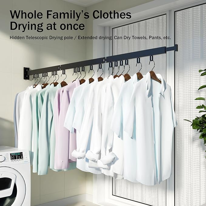 Clothes Drying Rack,Laundry Drying Rack,Wall Mounted Clothes Rack,Laundry Rack Wall Mount,Folding Retractable Collapsible Drying Rack Clothing (Three-Poles,Loop Shape Hooks)