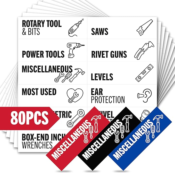 Toolbox Organization Magnetic Labels-80 Large Tool Chest Organizer Labels-Strong Magnets-Fits All Brands of Steel Tool Box Drawers(White 3.125x1.0 in)