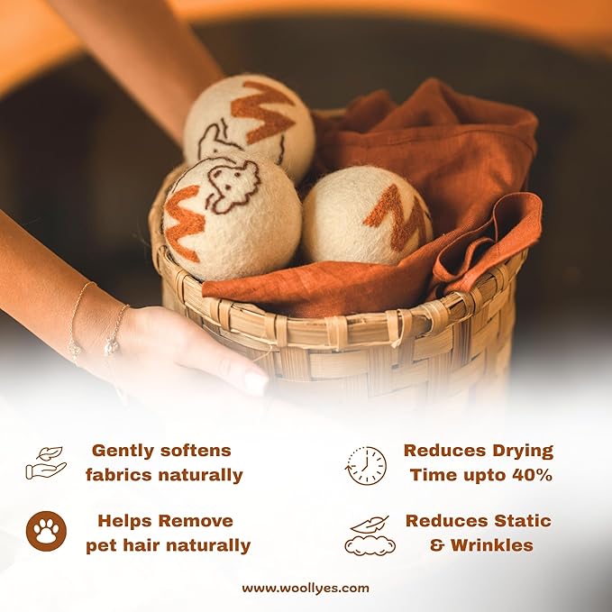 Woolly’s Wool Dryer Balls (Pack of 6) | 100% Pure New Zealand Wool | Reduces Drying Time up to 40% | Chemical-Free Fabric Softener (6)