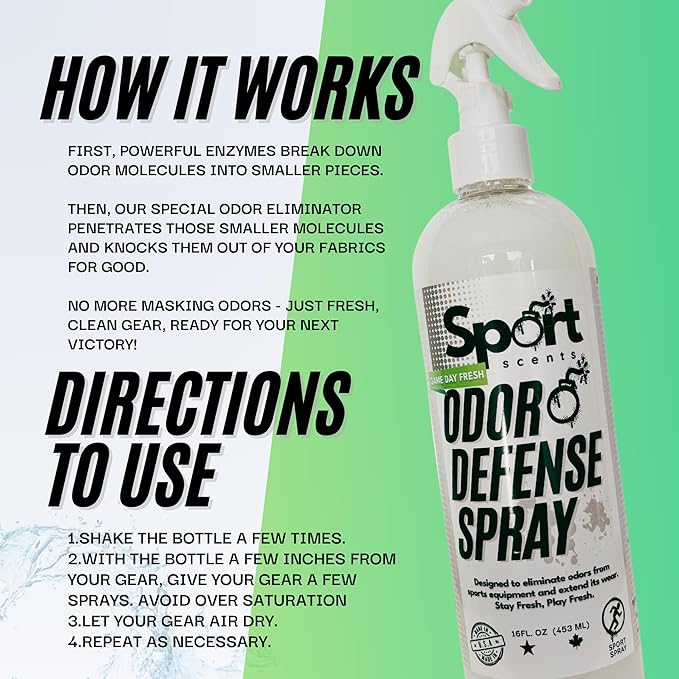 Sports Scents Odor Defense Spray - Sports Gear Odor Eliminator & Deodorizer - Neutralizer & Refresher Spray for Sports Equipment, Sportswear, Shoes, Athletic Jerseys, & Outdoor Gear - 16 Fl Oz
