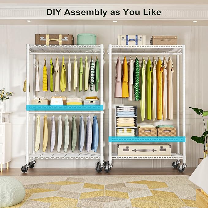 P3 Rolling Clothes Rack, Clothing Racks for Hanging Clothes, Heavy Duty Garment Rack with Wheels, Freestanding Portable Closet Organizer 39.4''W x 14''D x 78.5''H, Max Load 464 LBS, White