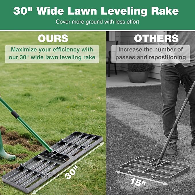 30"x10" Lawn Leveling Rake, Heavy Duty Lawn Leveler with 33"-77" Adjustable Handle, Foldable Ground Leveling Tool for Soil, Sand, Gravel, Ergonomic Design for Lawns, Golf Courses and Backyards