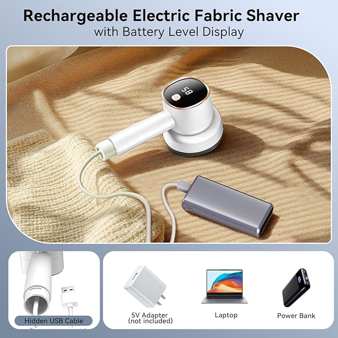 Fabric Shaver Lint Remover: Rechargeable Lint Shavers for Clothes with LED Display 3 Speeds and 6-Leaf Blades, Portable Electric Lint Shaver to Remove Fuzz Ball Pilling from Sweater Furniture