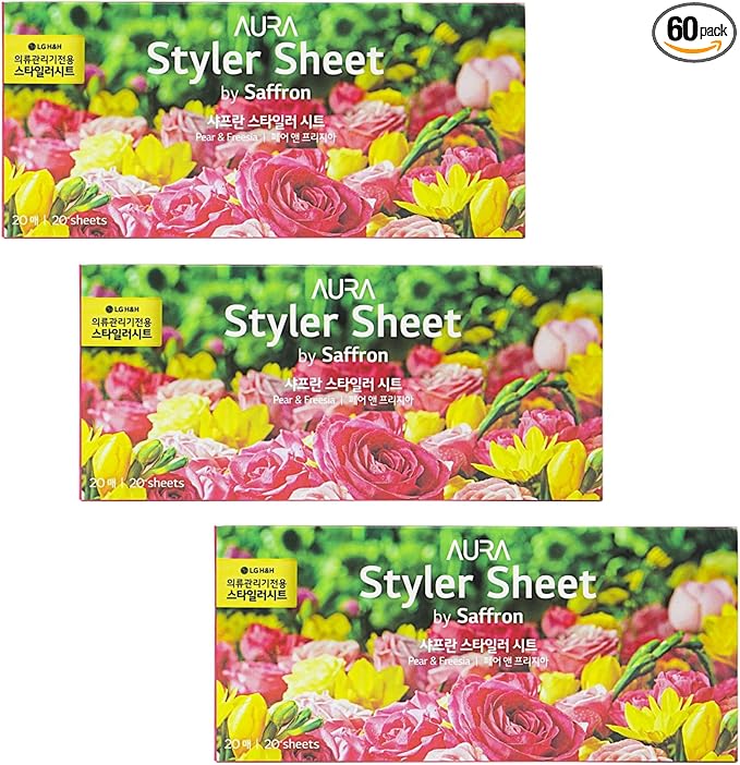 Pear & Freesia Sheet Fragrance 20 x 3 Pack - Long-Lasting Dryer Sheet Scent for Clothing Styler - Deodorizing & Refreshing Fragrance - Easy Use Styler Fabric Softener Sheets Compatible with LG Styler