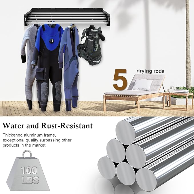 Foldable Wall Mounted Drying Rack, 40'' Wide Aviation Aluminum Laundry Drying Rack Collapsible with 5 Rods, 100LB Capacity, Pull Out Design Towel Drying Racks for Laundry Wall (Black, 40")