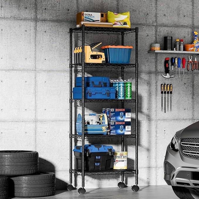 DUMOS Industrial 5 Level Grid Storage Rack ，Mobile Metallic Shelving System with Lockable Wheels， Multi-Purpose Cabinet for Workshop, Culinary Space, Storeroom, Washroom & Restroom Black
