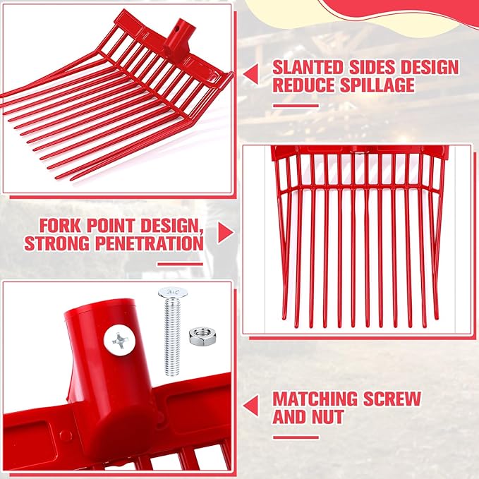 Lasnten 6 Pack Manure Fork Replacement Heads 12 Tines Heavy Duty Pitchfork Heads with Screws & Nuts Durable Horse Manure Rake for Picking up Grass Hay Animal Waste(Red)