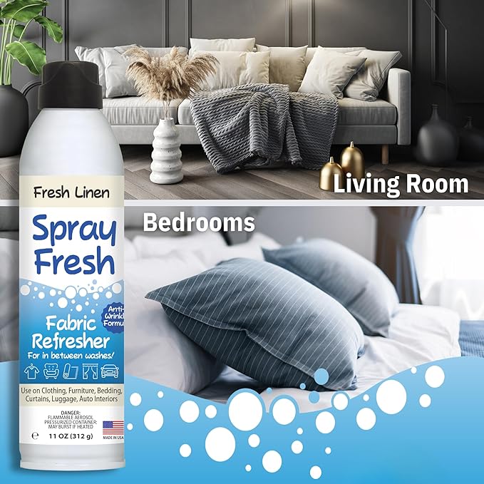Spray Fresh Fabric Refresher - Deodorizer & Freshener for Clothing, Bedding, Furniture & More - Eliminate Smoke Smell & Pesky Odors - Helps Prevent Fabric from Wrinkling (Fresh Linen 3.5oz)