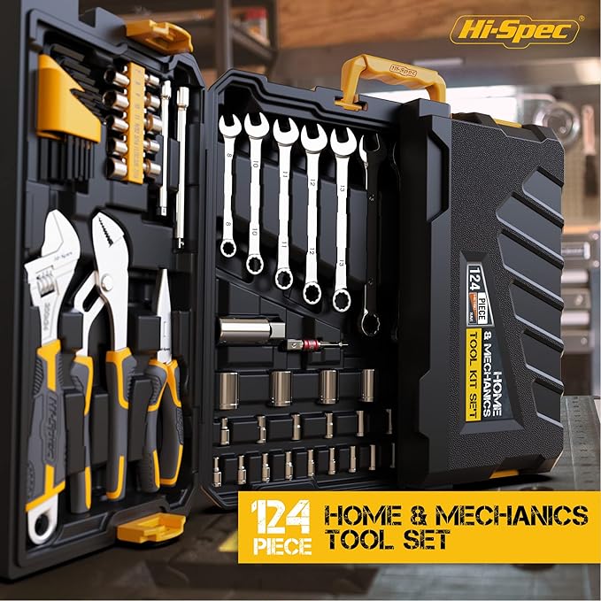 Hi-Spec 124piece Home & Garage Mechanics Tool Set, Socket Wrench Tool Sets for DIY Repairs with Plastic Storage Case