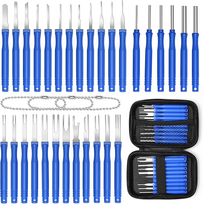 30+4P Terminal Pin Removal Tool Kit, Electrical Connector Depinning Tool Terminal Pin Extractor Kit Wire Release Tool for Car Household Devices (Blue)