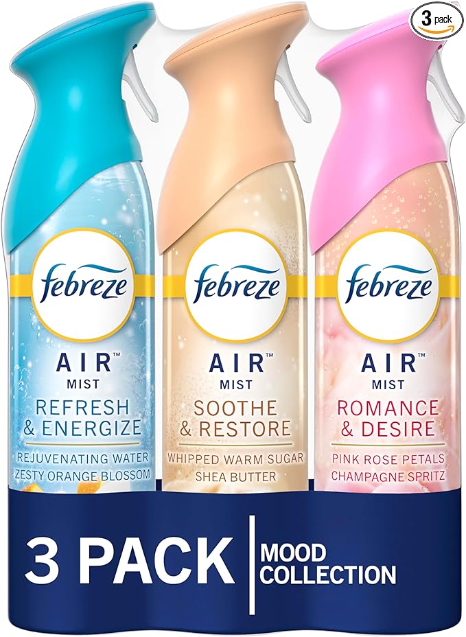 Febreze Air Mist Air Freshener Spray, Odor-Fighting Room Spray for Home and Bathroom and Kitchen, Aerosol Can, Refresh & Energize, Soothe & Restore, Romance & Desire Scent, 8.8oz, 3 Count
