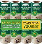 Extra Sticky Lint Roller Refills,Fits Most 3.9"-4" Standard Size Lint Roller with Inner Diameter at 1.5", 8 Pack with 720 Sheets Total, Pet Hair Remover for Clothes, Car, Furniture
