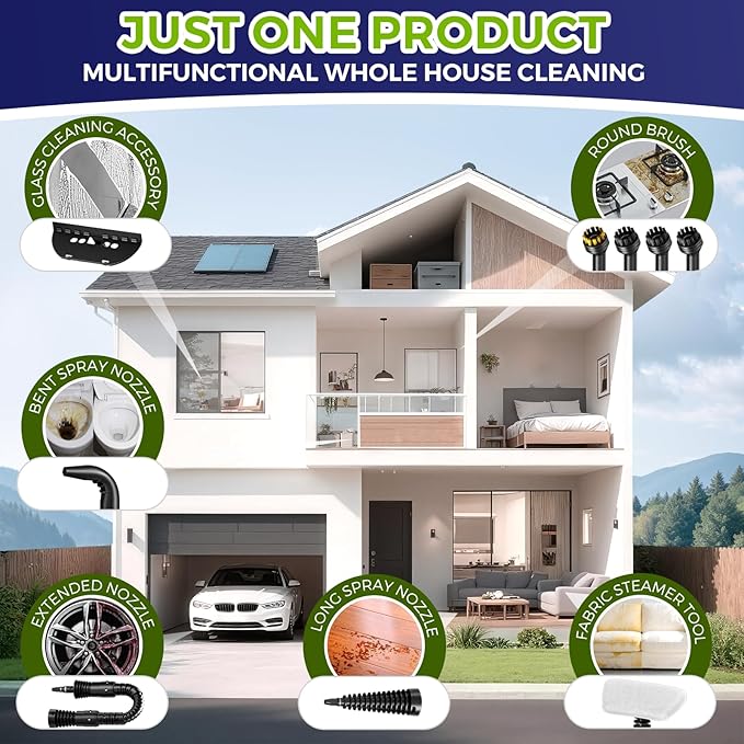 Steam Cleaner, Pressurized Handheld Multi-Surface Natural Steam Cleaner with 12 PCS Accessories & Safety Lock, 350ML Large Capacity, Steamer for Car, Home, Upholstery, Kitchen, Window, Grime, Grease