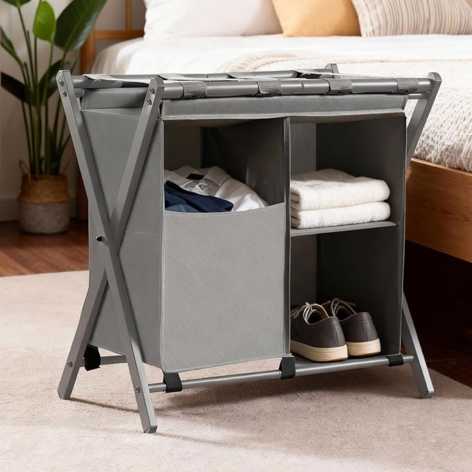 Heybly Luggage Rack with Laundry Bag,Steel Folding Suitcase Stand for Bedroom, Hotel, Foldable Steel Frame, Guest Room Bedroom Hote, 23.62" L x 15.57" W x 24.21" H, Gray,HLR006G1