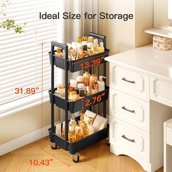 Pipishell 3 Tier Rolling Cart Organizer, Plastic Rolling Cart with Lockable Wheels & Reinforced Handle, Lightweight Utility Cart Storage Cart for Nursery, Kitchen, Bathroom, Craft Room, Black, PIUC14B