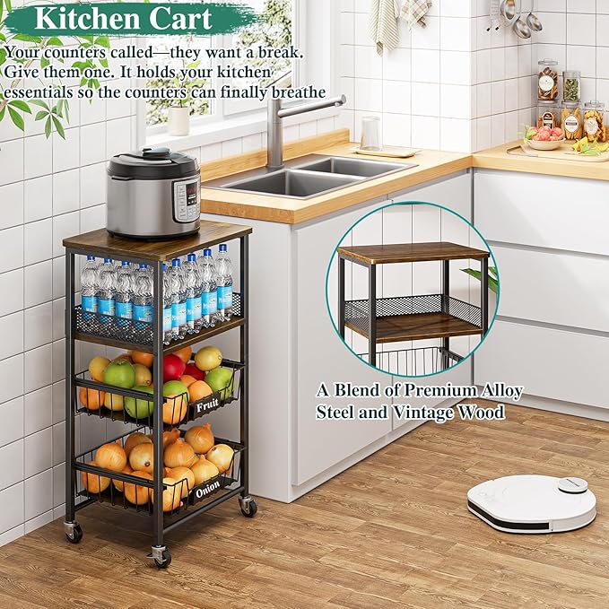4-Tier Small Kitchen Storage Cart on Wheels, Rolling Pantry and Snack Organizer Cart with Pull-Out Baskets & Wood Top, Utility Kitchen Fruit Basket Stand for Fruit Potato Onion Vegetable Snack