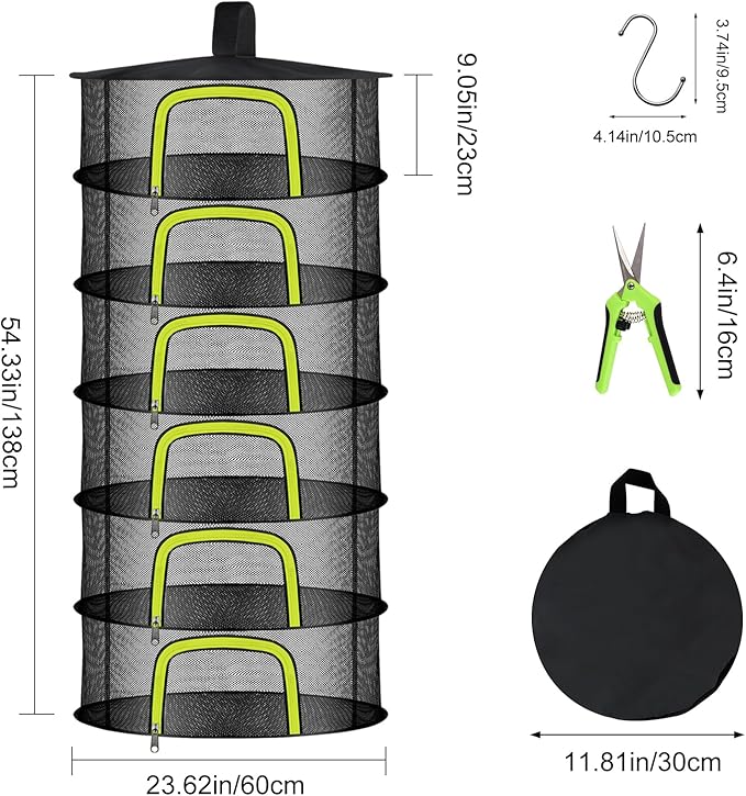 6 Layer Herb Drying Rack, Herb Drying Rack Hanging Mesh, Foldable Plant Drying Net With U-Shaped Zipper, Garden Shears, Hooks, For Drying Herbs Plants, Flowers, Fruits, Food, Clothes(6 Layers-23.62'')